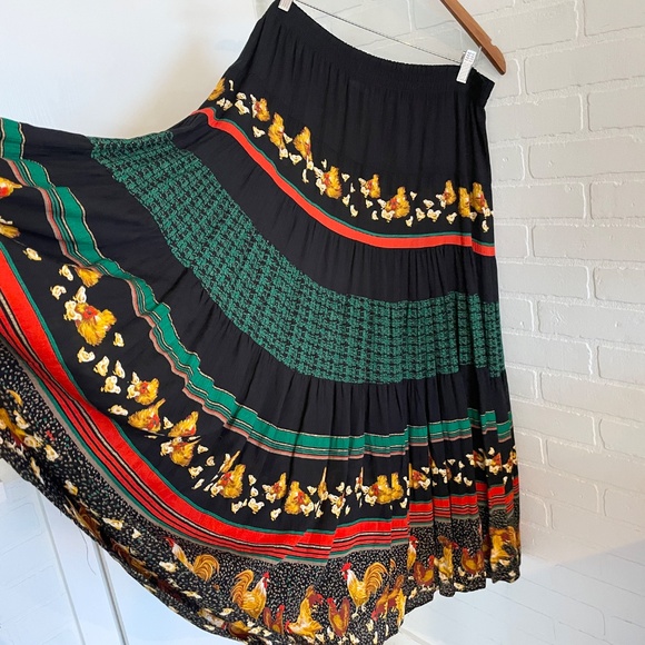 Vintage Carole Little Petites Novelty skirt Hen Chicken Black Kelly green 18 - Picture 2 of 15